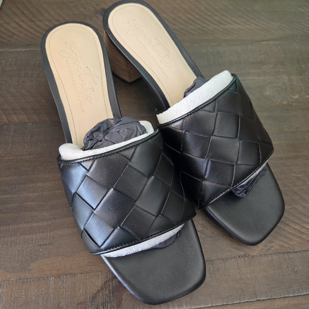 Black Woven Leather Slide Sandals